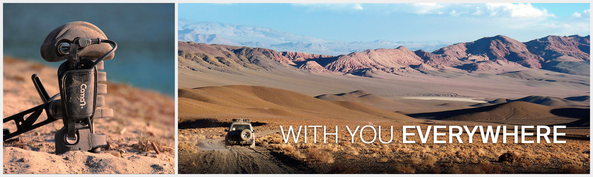 Camcorder camera grip in the sand. Car driving in the desert with no limit.